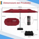 Costway Ombrellone da esterno rettangolare con maniglia a manovella scorrevole 12 stecche resistenti e 2 sacchi di sabbia, Ombrellone doppio da giardino Rosso - immagine 6