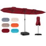 Costway Ombrellone da esterno rettangolare con maniglia a manovella scorrevole 12 stecche resistenti e 2 sacchi di sabbia, Ombrellone doppio da giardino Rosso - immagine 5