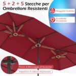 Costway Ombrellone da esterno rettangolare con maniglia a manovella scorrevole 12 stecche resistenti e 2 sacchi di sabbia, Ombrellone doppio da giardino Rosso - immagine 10