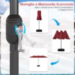 Costway Ombrellone da esterno rettangolare con maniglia a manovella scorrevole 12 stecche resistenti e 2 sacchi di sabbia, Ombrellone doppio da giardino Rosso - immagine 8