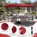 Costway Ombrellone da esterno rettangolare con maniglia a manovella scorrevole 12 stecche resistenti e 2 sacchi di sabbia, Ombrellone doppio da giardino Rosso - immagine 11