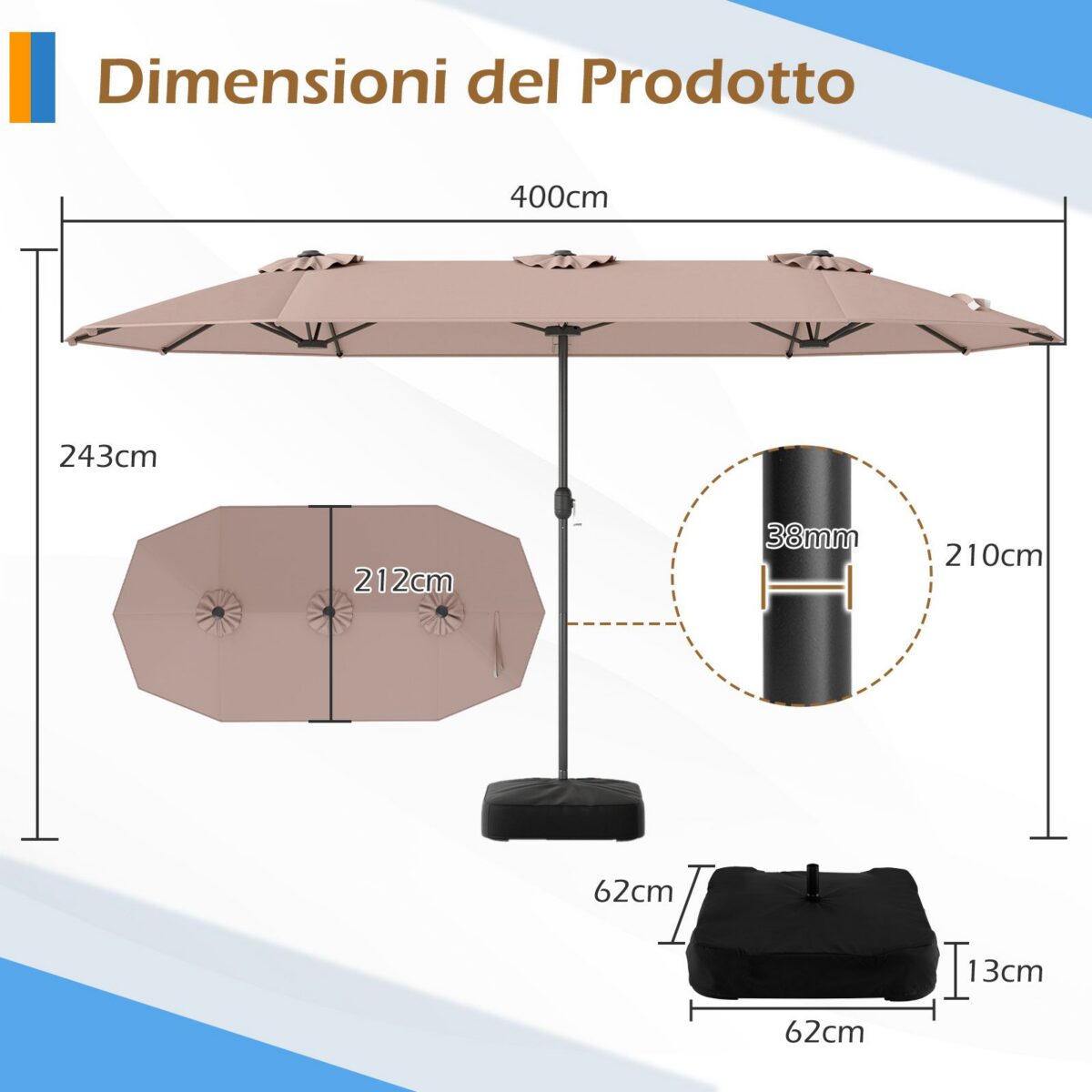 Costway Ombrellone da esterno rettangolare con maniglia a manovella scorrevole 12 stecche resistenti e 2 sacchi di sabbia, Ombrellone doppio da giardino Marrone - immagine 6