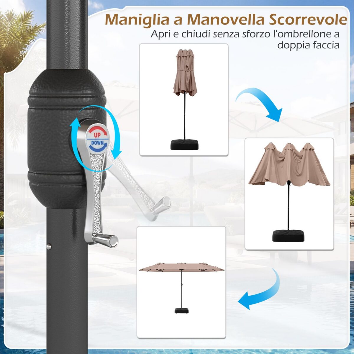 Costway Ombrellone da esterno rettangolare con maniglia a manovella scorrevole 12 stecche resistenti e 2 sacchi di sabbia, Ombrellone doppio da giardino Marrone - immagine 8