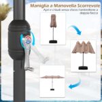 Costway Ombrellone da esterno rettangolare con maniglia a manovella scorrevole 12 stecche resistenti e 2 sacchi di sabbia, Ombrellone doppio da giardino Marrone - immagine 8