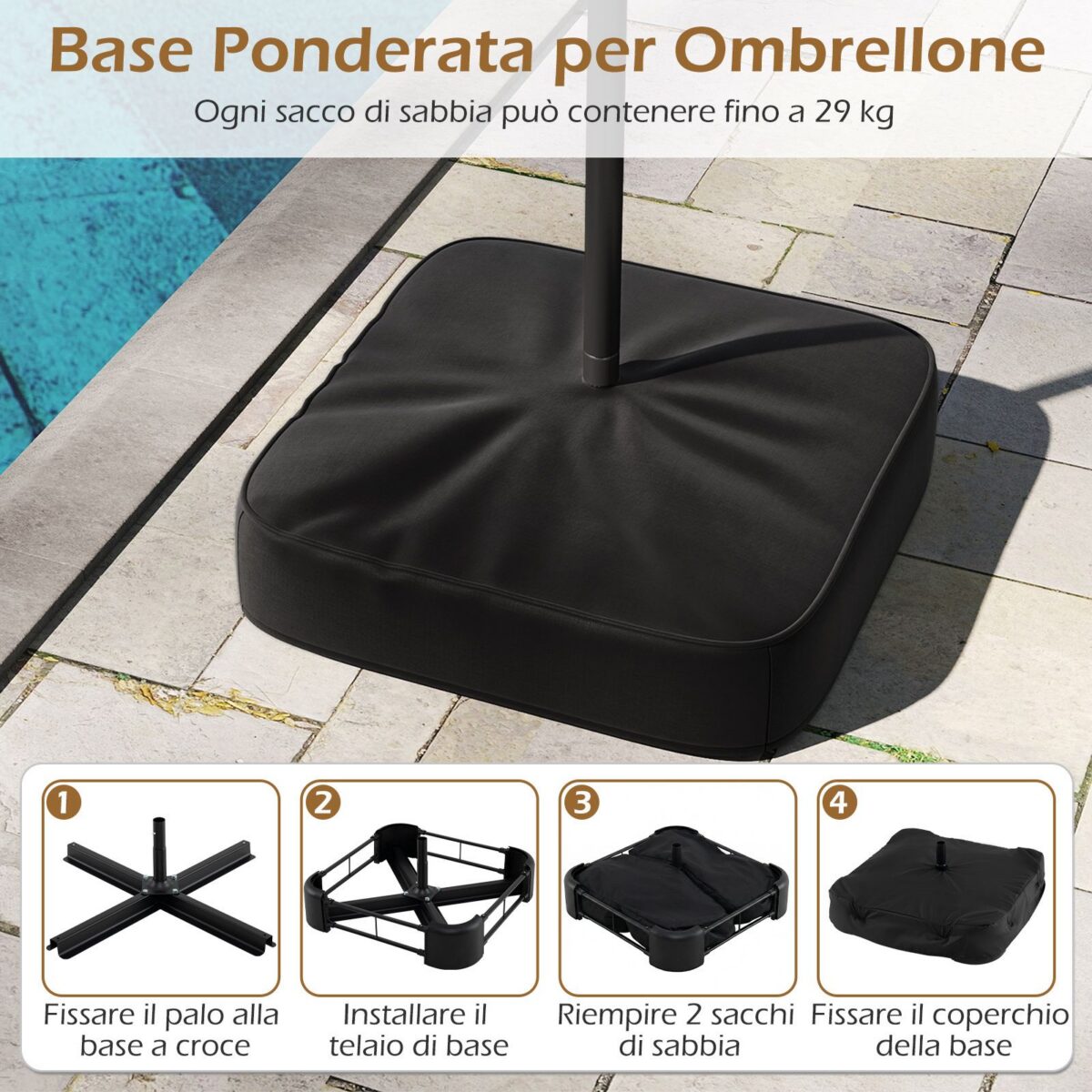 Costway Ombrellone da esterno rettangolare con maniglia a manovella scorrevole 12 stecche resistenti e 2 sacchi di sabbia, Ombrellone doppio da giardino Marrone - immagine 9