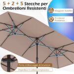 Costway Ombrellone da esterno rettangolare con maniglia a manovella scorrevole 12 stecche resistenti e 2 sacchi di sabbia, Ombrellone doppio da giardino Marrone - immagine 10