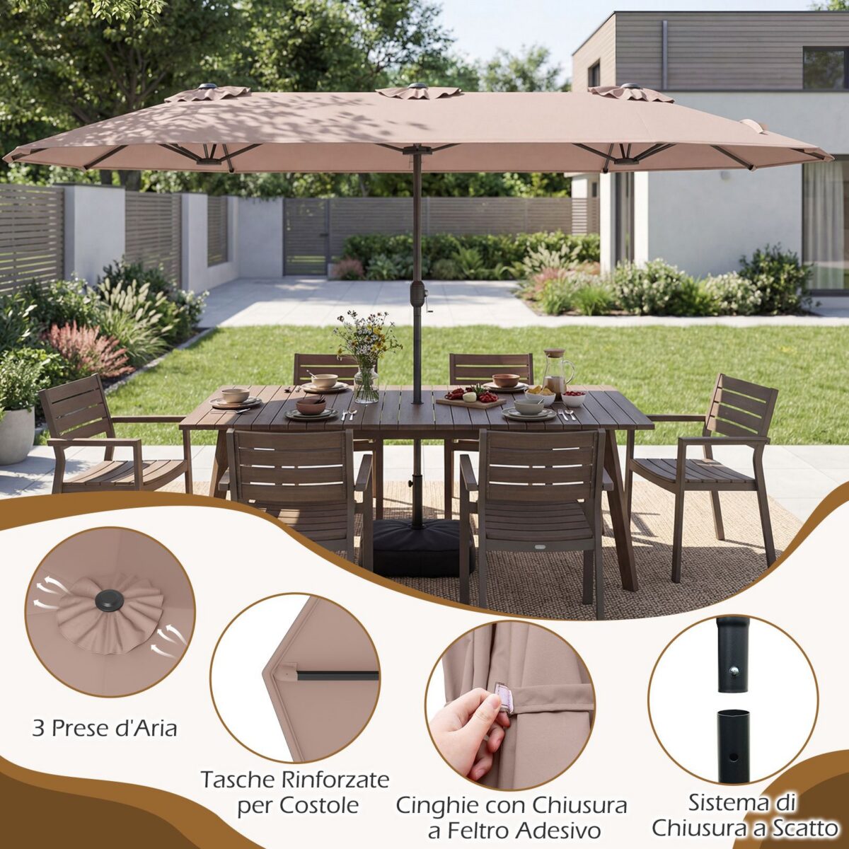 Costway Ombrellone da esterno rettangolare con maniglia a manovella scorrevole 12 stecche resistenti e 2 sacchi di sabbia, Ombrellone doppio da giardino Marrone - immagine 11