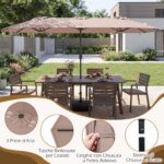 Costway Ombrellone da esterno rettangolare con maniglia a manovella scorrevole 12 stecche resistenti e 2 sacchi di sabbia, Ombrellone doppio da giardino Marrone - immagine 11