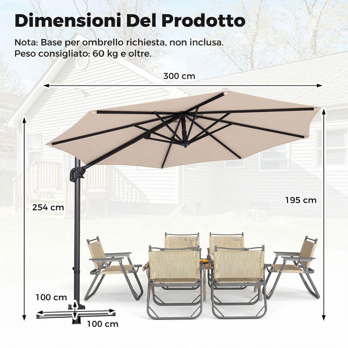 Costway Ombrellone da giardino 300 cm con 15 stecche base tetto ventilato manovella e pedale, Ombrellone girevole e inclinabile Beige - immagine 3