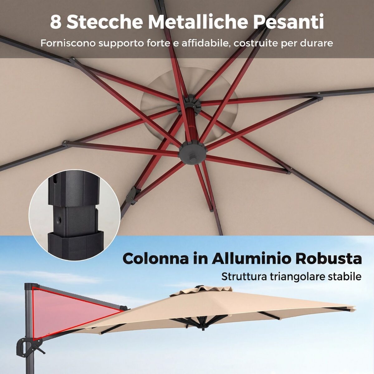 Costway Ombrellone da giardino 300 cm con 15 stecche base tetto ventilato manovella e pedale, Ombrellone girevole e inclinabile Beige - immagine 4