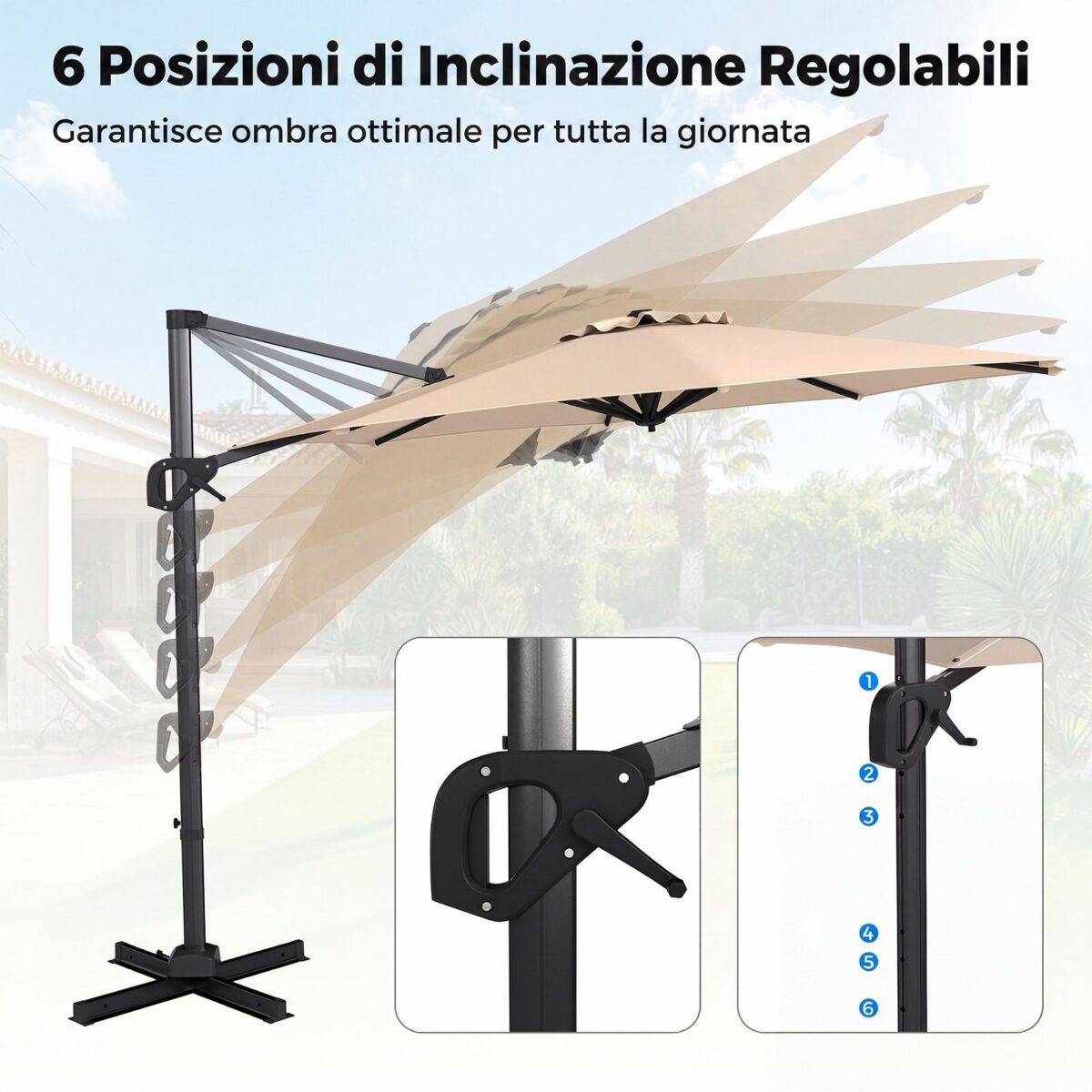 Costway Ombrellone da giardino 300 cm con 15 stecche base tetto ventilato manovella e pedale, Ombrellone girevole e inclinabile Beige - immagine 5