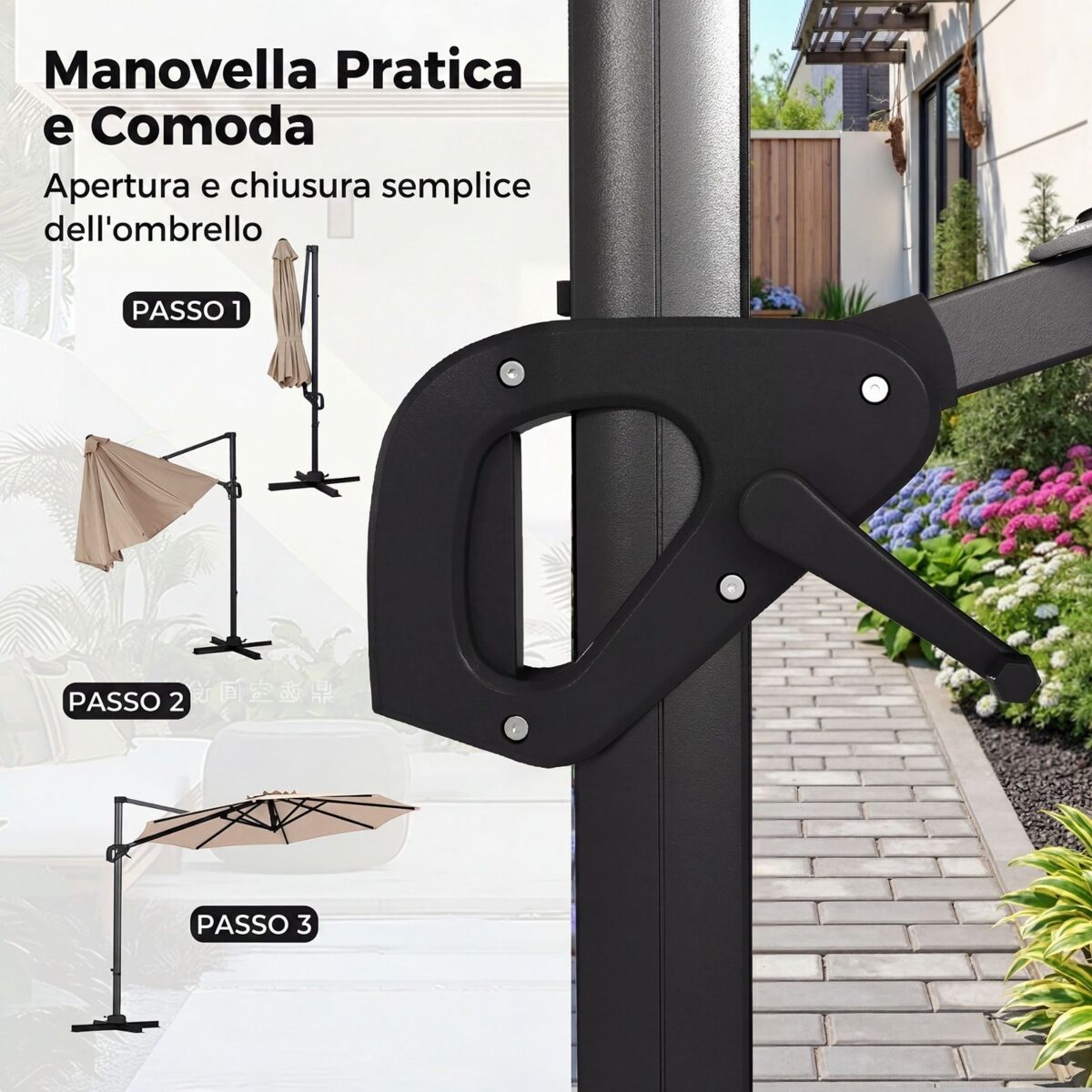 Costway Ombrellone da giardino 300 cm con 15 stecche base tetto ventilato manovella e pedale, Ombrellone girevole e inclinabile Beige - immagine 6