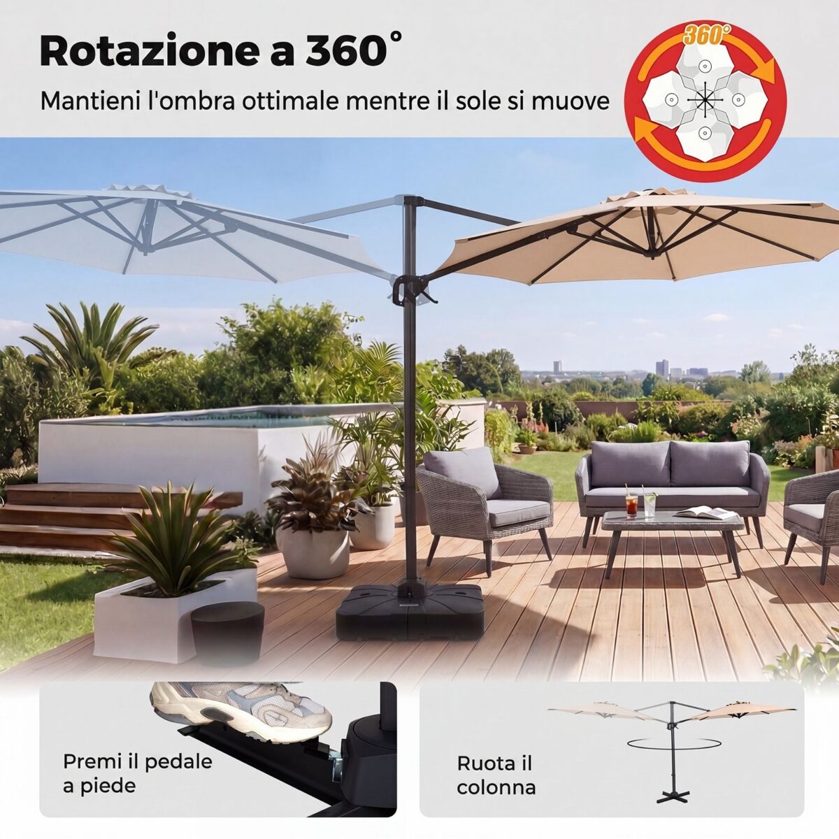 Costway Ombrellone da giardino 300 cm con 15 stecche base tetto ventilato manovella e pedale, Ombrellone girevole e inclinabile Beige - immagine 7