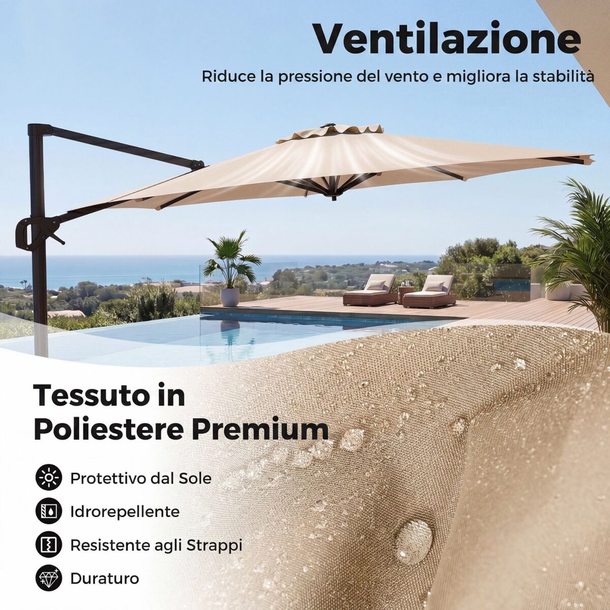 Costway Ombrellone da giardino 300 cm con 15 stecche base tetto ventilato manovella e pedale, Ombrellone girevole e inclinabile Beige - immagine 8