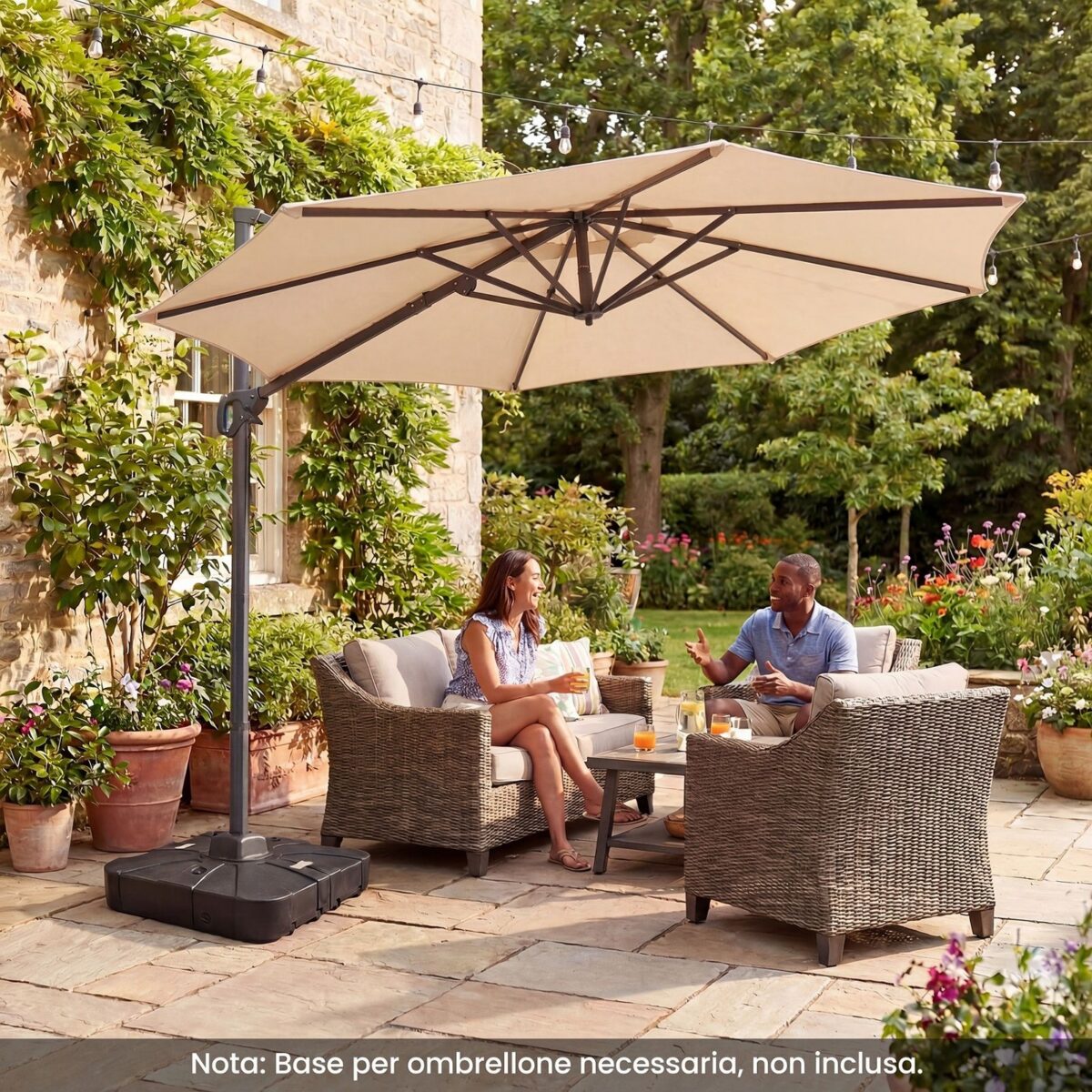 Costway Ombrellone da giardino 300 cm con 15 stecche base tetto ventilato manovella e pedale, Ombrellone girevole e inclinabile Beige - immagine 9
