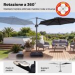 Costway Ombrellone da giardino 300 cm con 15 stecche base tetto ventilato manovella e pedale, Ombrellone girevole e inclinabile Grigio - immagine 7