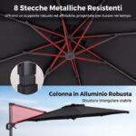 Costway Ombrellone da giardino 300 cm con 15 stecche base tetto ventilato manovella e pedale, Ombrellone girevole e inclinabile Grigio - immagine 4