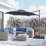 Costway Ombrellone da giardino 300 cm con manovella base a croce e sacco di sabbi, Ombrellone decentrato da esterno rotazione a 360° Grigio - immagine 4