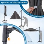 Costway Ombrellone da giardino 300 cm con manovella base a croce e sacco di sabbi, Ombrellone decentrato da esterno rotazione a 360° Grigio - immagine 8