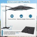 Costway Ombrellone da giardino 300 cm con manovella base a croce e sacco di sabbi, Ombrellone decentrato da esterno rotazione a 360° Grigio - immagine 6