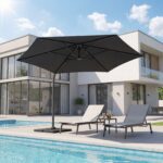 Costway Ombrellone da giardino 300 cm con manovella base a croce e sacco di sabbi, Ombrellone decentrato da esterno rotazione a 360° Grigio - immagine 2