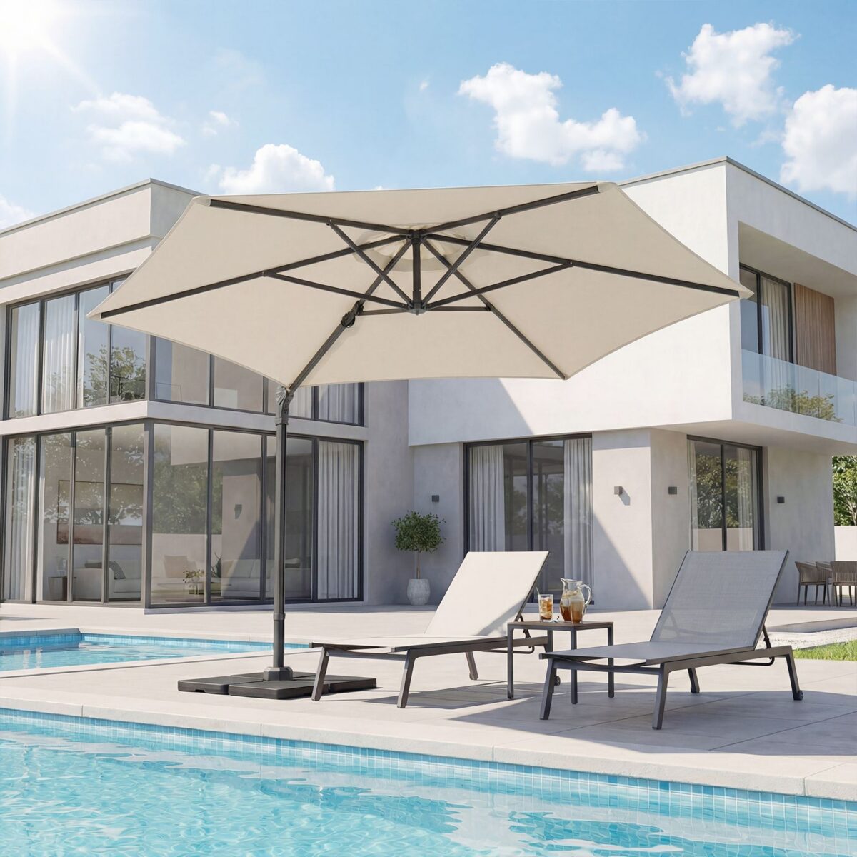 Costway Ombrellone da giardino 300 cm con manovella base a croce e sacco di sabbi, Ombrellone decentrato da esterno rotazione a 360° Beige - immagine 2