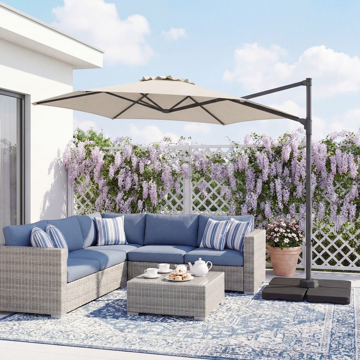 Costway Ombrellone da giardino 300 cm con manovella base a croce e sacco di sabbi, Ombrellone decentrato da esterno rotazione a 360° Beige - immagine 3