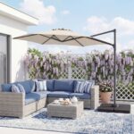 Costway Ombrellone da giardino 300 cm con manovella base a croce e sacco di sabbi, Ombrellone decentrato da esterno rotazione a 360° Beige - immagine 3