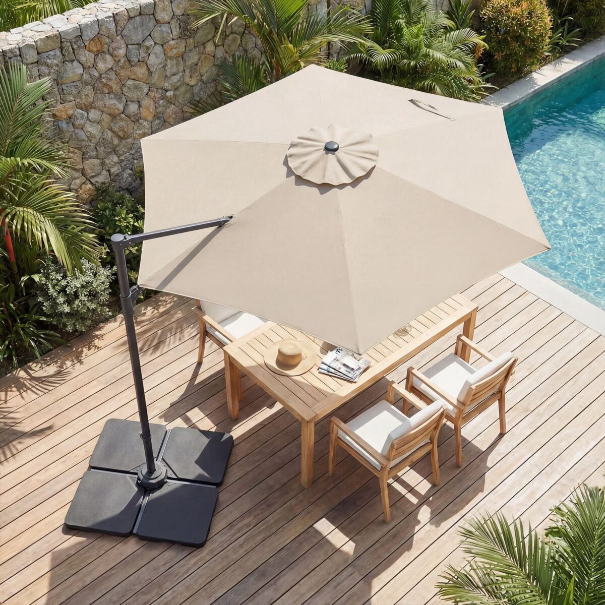 Costway Ombrellone da giardino 300 cm con manovella base a croce e sacco di sabbi, Ombrellone decentrato da esterno rotazione a 360° Beige - immagine 4