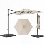 Costway Ombrellone da giardino 300 cm con manovella base a croce e sacco di sabbi, Ombrellone decentrato da esterno rotazione a 360° Beige