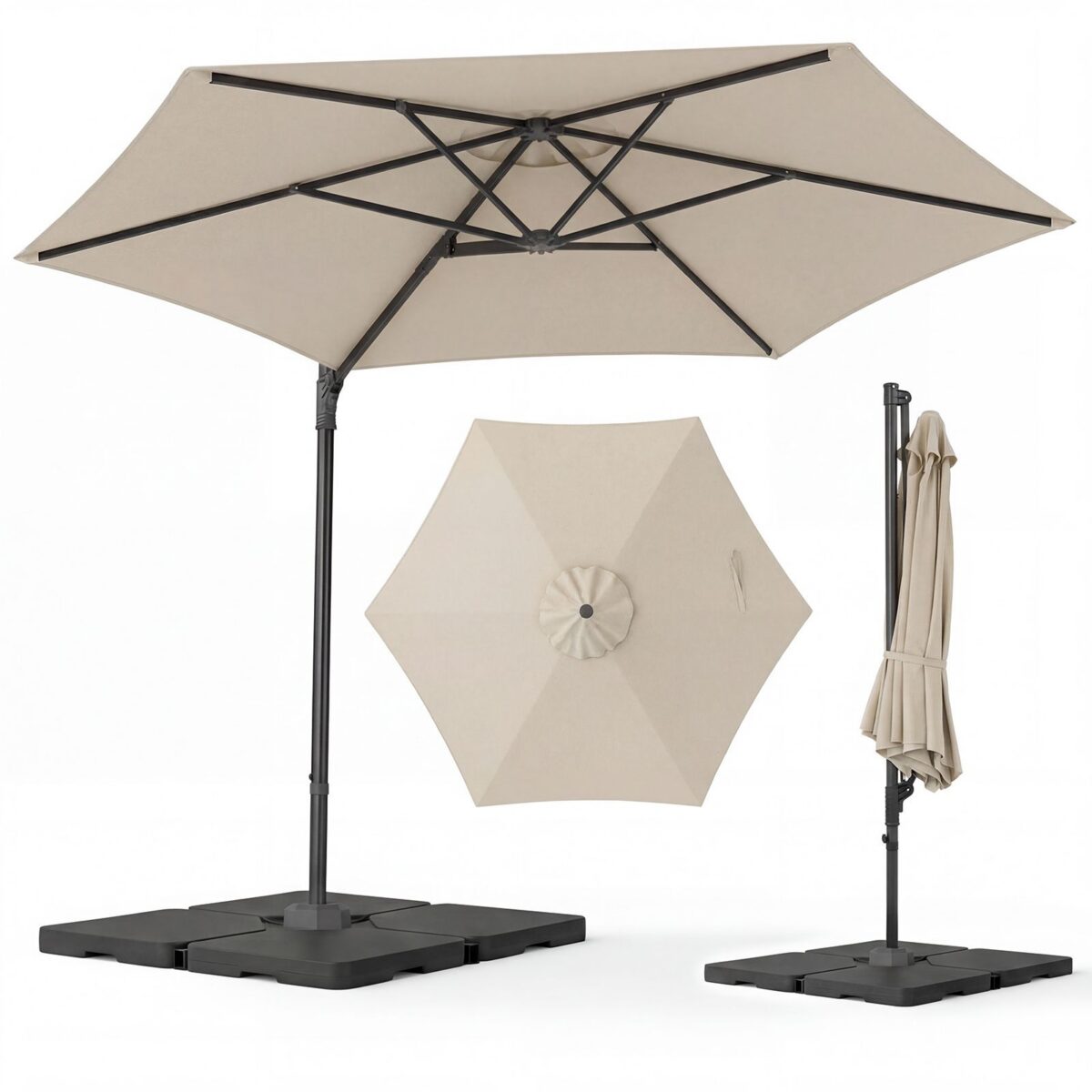 Costway Ombrellone da giardino 300 cm con manovella base a croce e sacco di sabbi, Ombrellone decentrato da esterno rotazione a 360° Beige - immagine 5