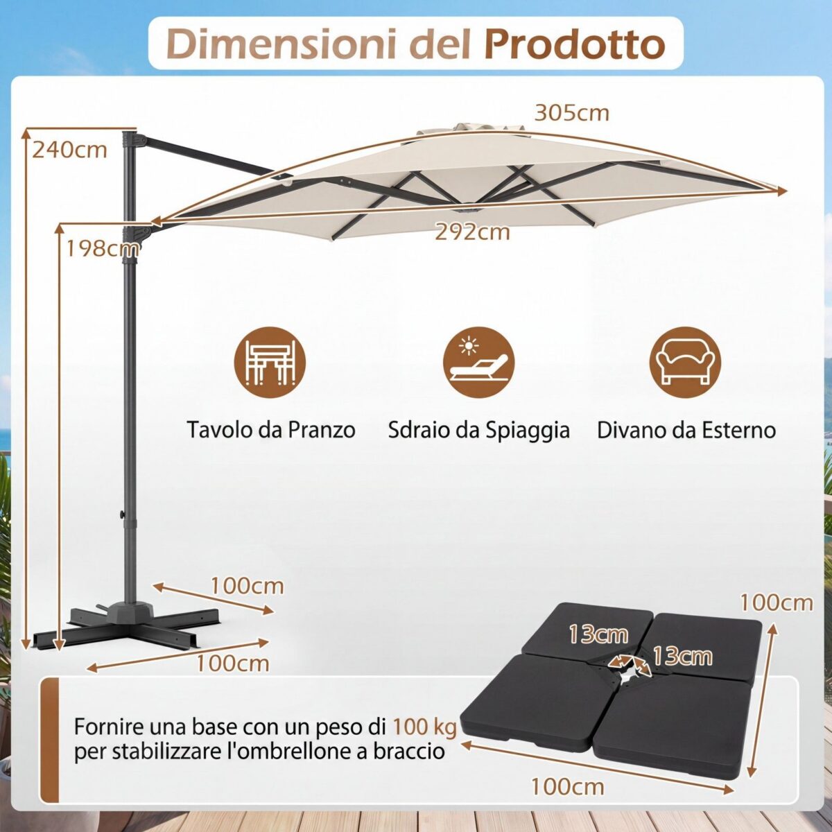 Costway Ombrellone da giardino 300 cm con manovella base a croce e sacco di sabbi, Ombrellone decentrato da esterno rotazione a 360° Beige - immagine 7