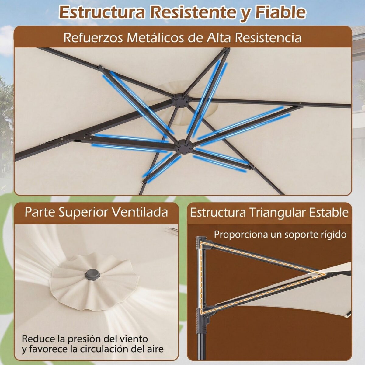 Costway Ombrellone da giardino 300 cm con manovella base a croce e sacco di sabbi, Ombrellone decentrato da esterno rotazione a 360° Beige - immagine 8