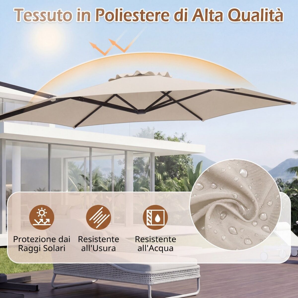 Costway Ombrellone da giardino 300 cm con manovella base a croce e sacco di sabbi, Ombrellone decentrato da esterno rotazione a 360° Beige - immagine 9