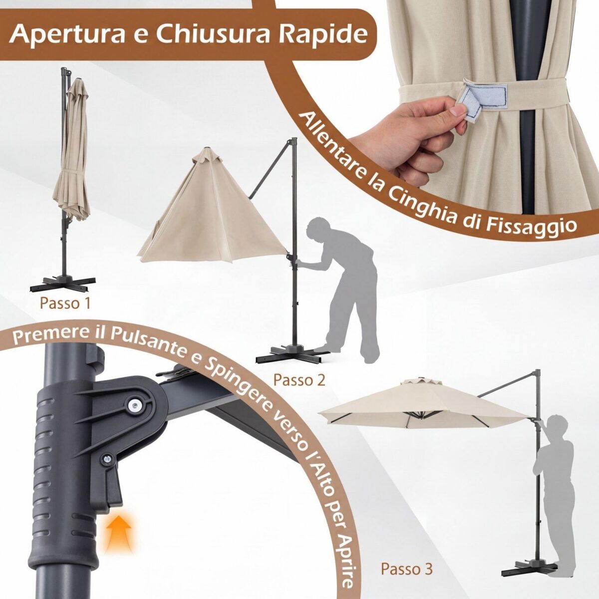 Costway Ombrellone da giardino 300 cm con manovella base a croce e sacco di sabbi, Ombrellone decentrato da esterno rotazione a 360° Beige - immagine 10
