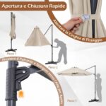 Costway Ombrellone da giardino 300 cm con manovella base a croce e sacco di sabbi, Ombrellone decentrato da esterno rotazione a 360° Beige - immagine 10