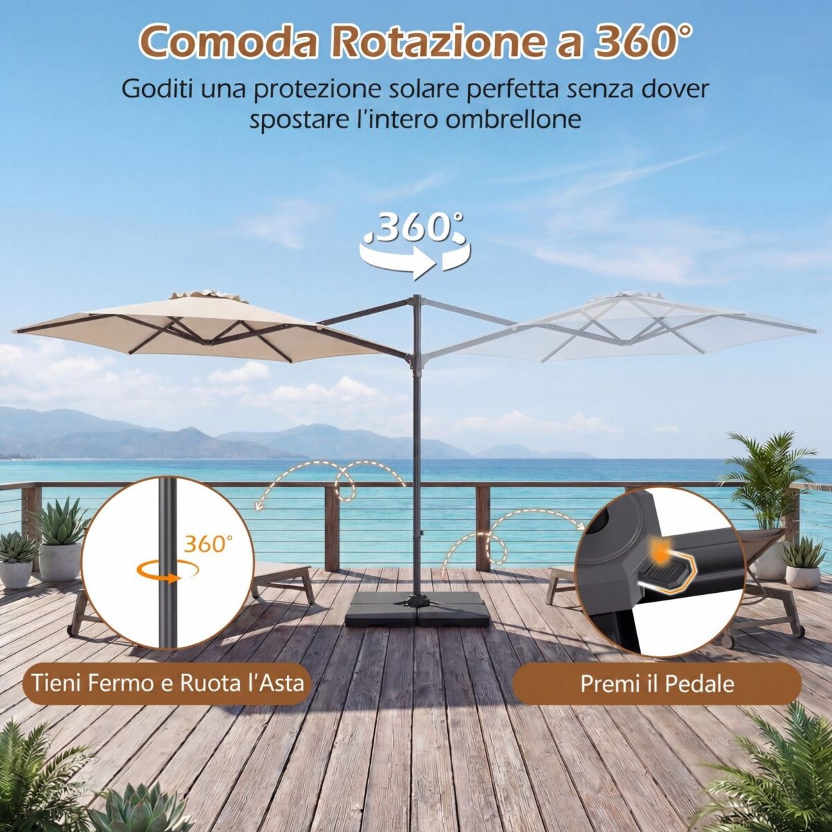 Costway Ombrellone da giardino 300 cm con manovella base a croce e sacco di sabbi, Ombrellone decentrato da esterno rotazione a 360° Beige - immagine 11
