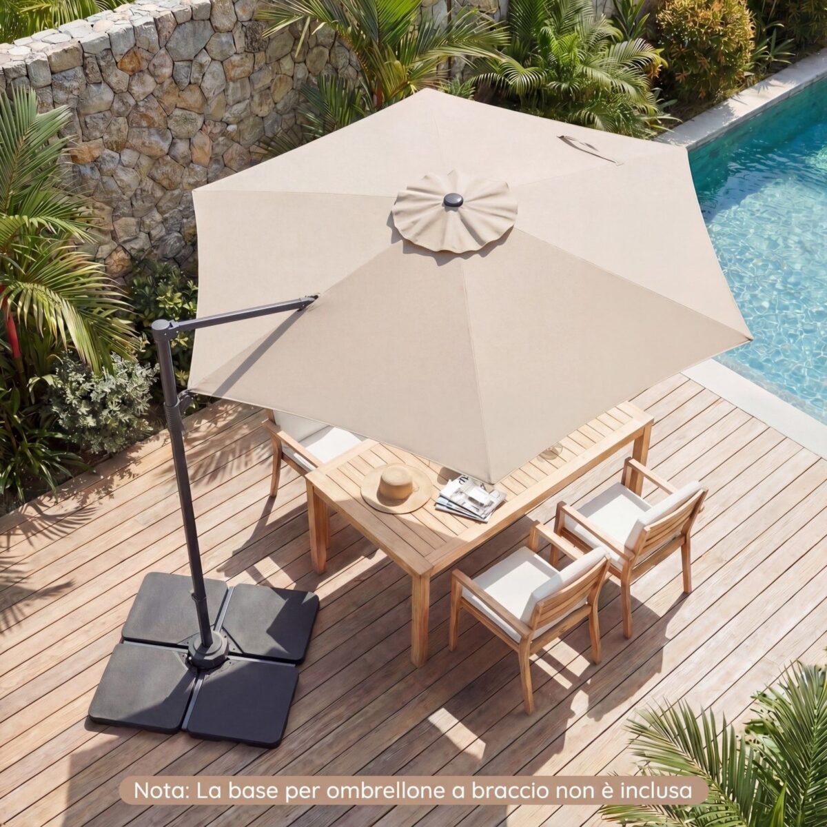 Costway Ombrellone da giardino 300 cm con manovella base a croce e sacco di sabbi, Ombrellone decentrato da esterno rotazione a 360° Beige - immagine 12