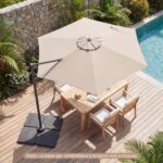Costway Ombrellone da giardino 300 cm con manovella base a croce e sacco di sabbi, Ombrellone decentrato da esterno rotazione a 360° Beige - immagine 12