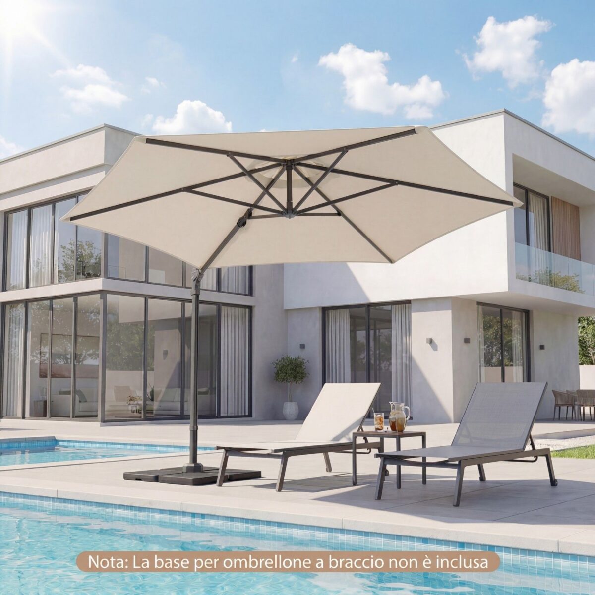 Costway Ombrellone da giardino 300 cm con manovella base a croce e sacco di sabbi, Ombrellone decentrato da esterno rotazione a 360° Beige - immagine 13