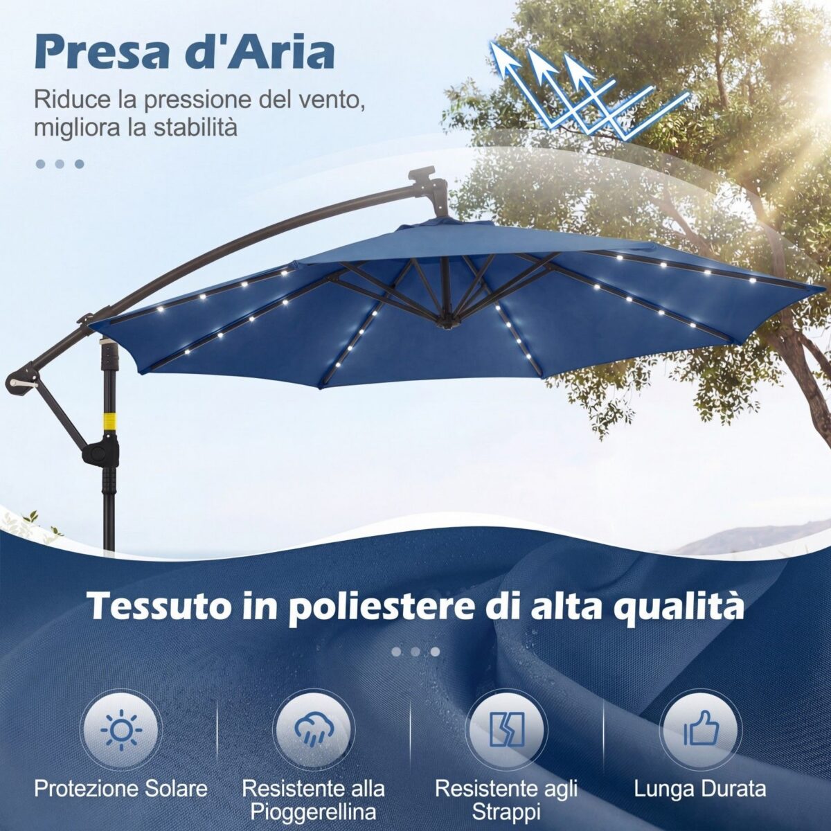 Costway Ombrellone da giardino a manovella da 3 m da esterno con 8 stecche, Base a croce e sacco di sabbi per giardino terrazzo Blu scuro - immagine 7