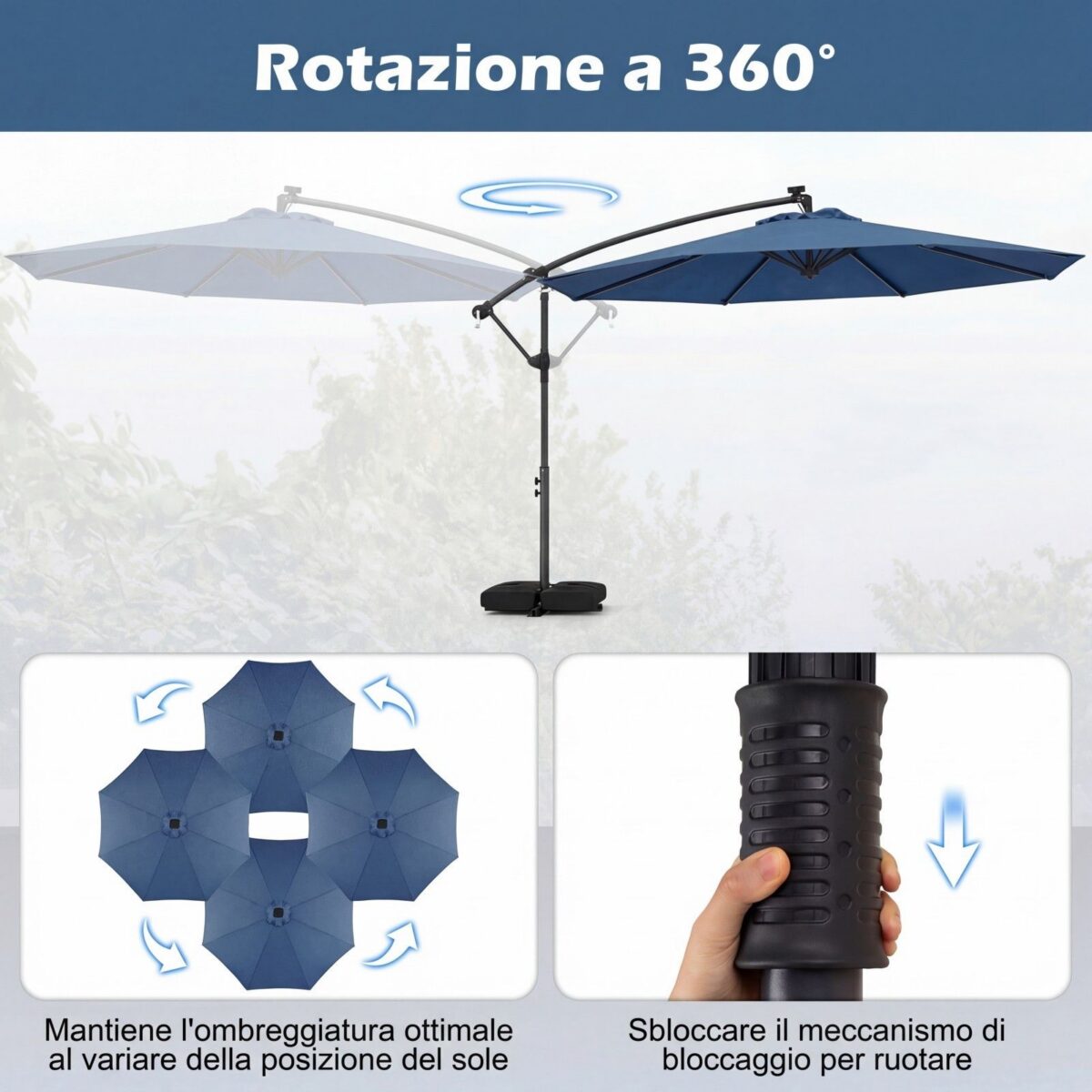Costway Ombrellone da giardino a manovella da 3 m da esterno con 8 stecche, Base a croce e sacco di sabbi per giardino terrazzo Blu scuro - immagine 6