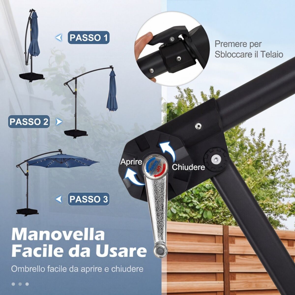 Costway Ombrellone da giardino a manovella da 3 m da esterno con 8 stecche, Base a croce e sacco di sabbi per giardino terrazzo Blu scuro - immagine 8