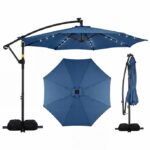 Costway Ombrellone da giardino a manovella da 3 m da esterno con 8 stecche, Base a croce e sacco di sabbi per giardino terrazzo Blu scuro
