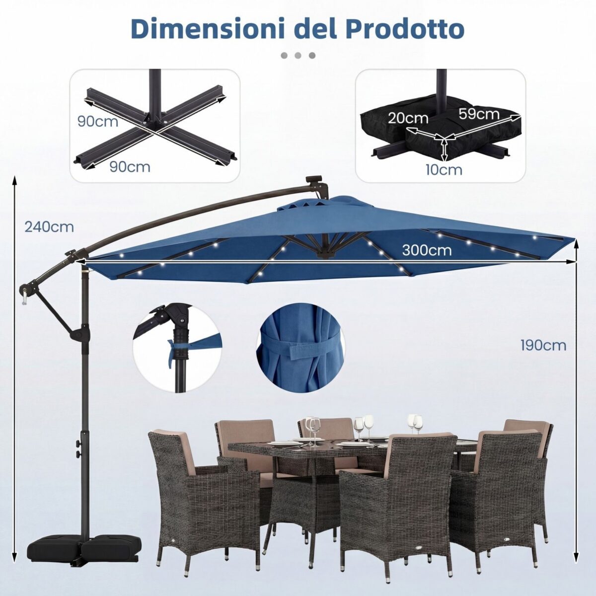 Costway Ombrellone da giardino a manovella da 3 m da esterno con 8 stecche, Base a croce e sacco di sabbi per giardino terrazzo Blu scuro - immagine 5