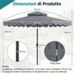 Costway Ombrellone da giardino con 8 costole palo in metallo, Ombrellone da esterno inclinabile 30° 3 x 2,6 m Grigio - immagine 3