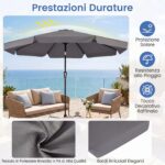 Costway Ombrellone da giardino con 8 costole palo in metallo parte superiore ventilata, Ombrellone da esterno inclinabile 30° Grigio - immagine 5