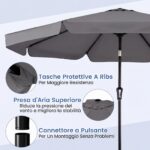 Costway Ombrellone da giardino con 8 costole palo in metallo parte superiore ventilata, Ombrellone da esterno inclinabile 30° Grigio - immagine 6