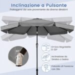 Costway Ombrellone da giardino con 8 costole palo in metallo parte superiore ventilata, Ombrellone da esterno inclinabile 30° Grigio - immagine 7