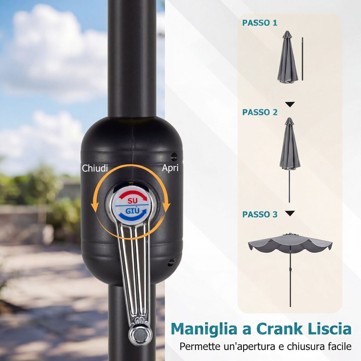 Costway Ombrellone da giardino con 8 costole palo in metallo parte superiore ventilata e manovella, Ombrellone da esterno inclinabile 30° Grigio - immagine 7